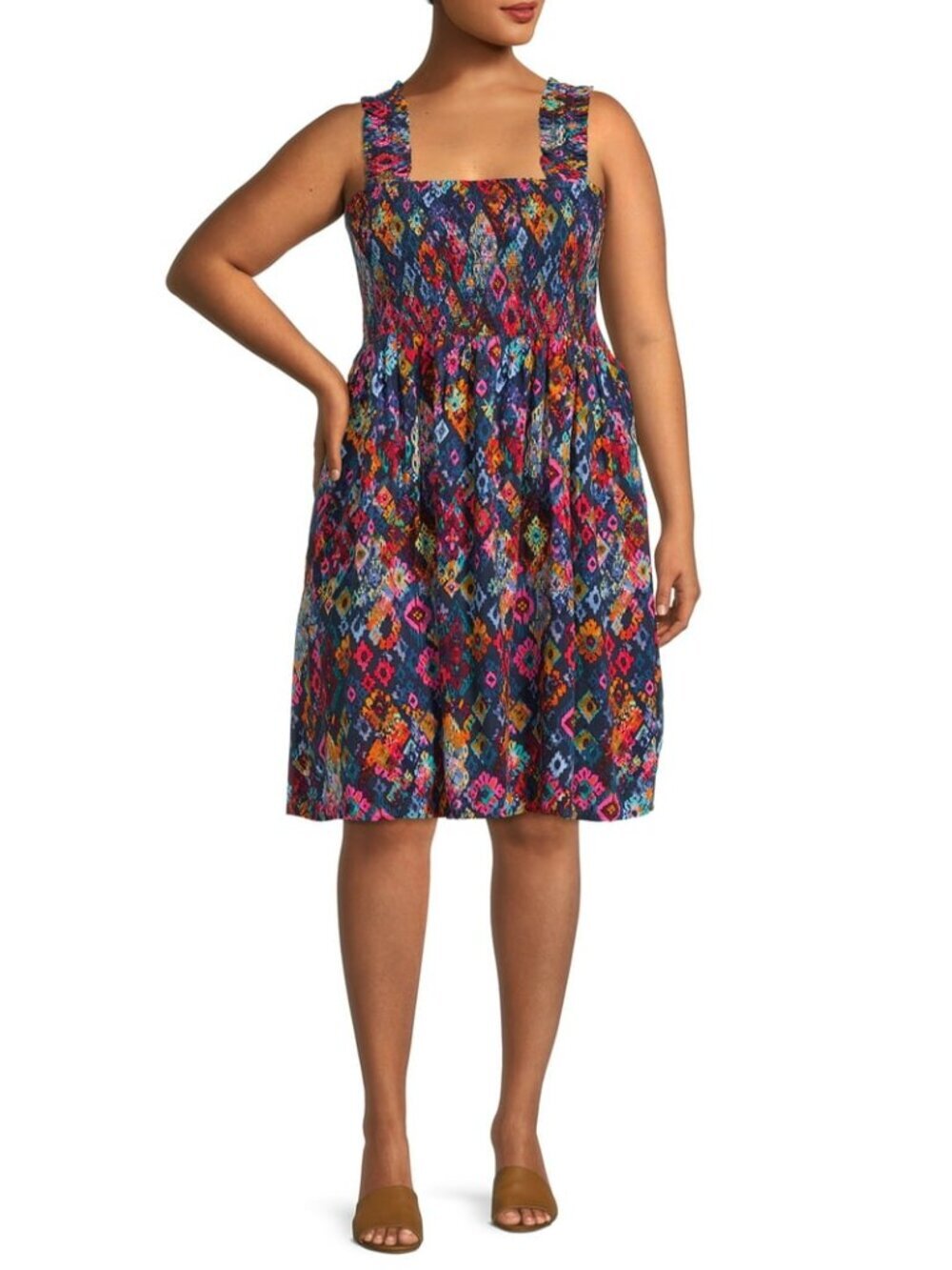Terra & Sky Multicolor Ikat Smocked Square Neck Sleeveless Dress | Size 4X